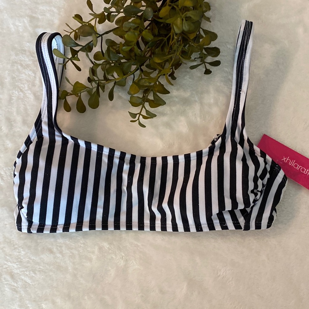 Sparkly Black and White Striped Bikini Swim Top